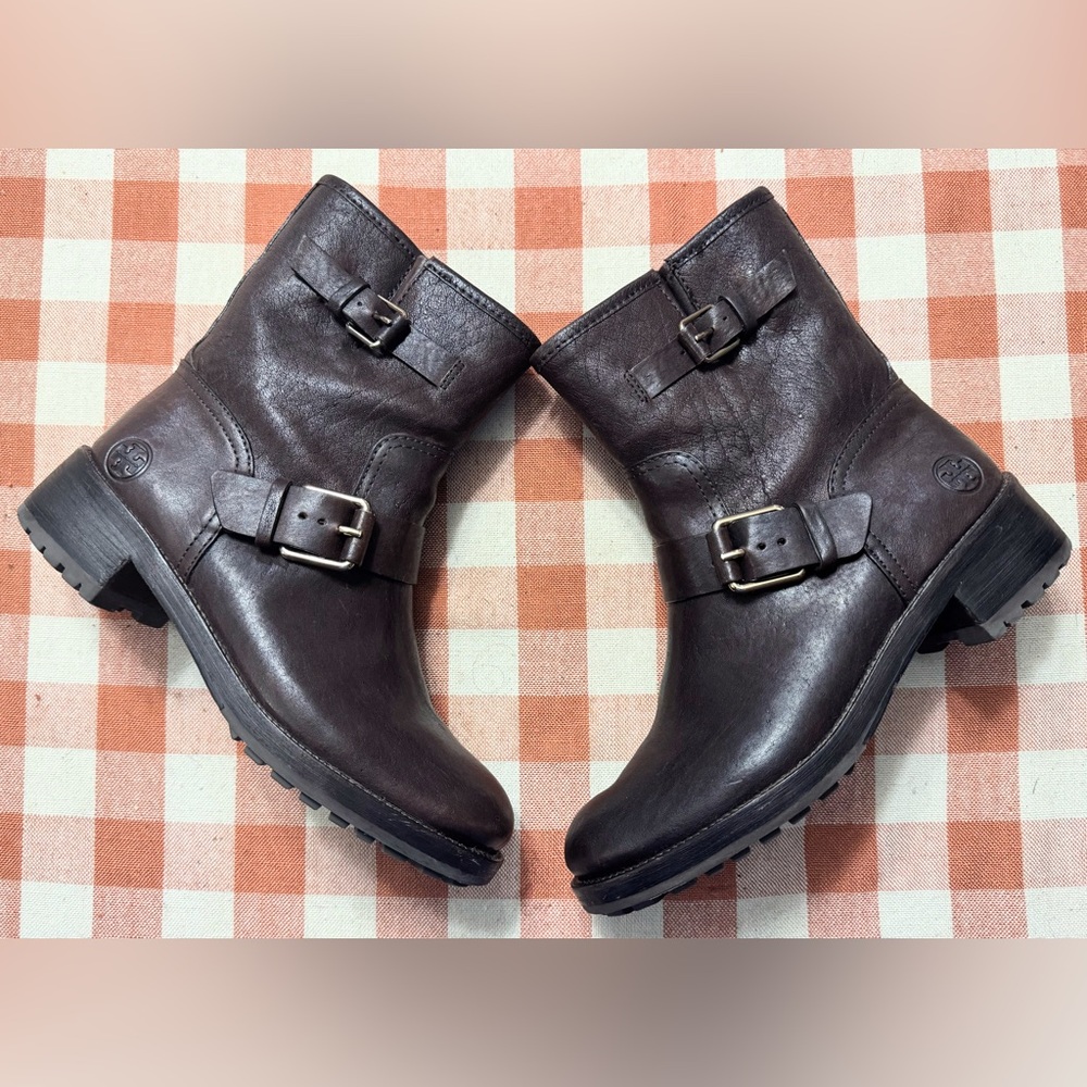 Tory Burch Chrystie Brown Leather Moto Boots Double Buckle, Size 7.5, No Box